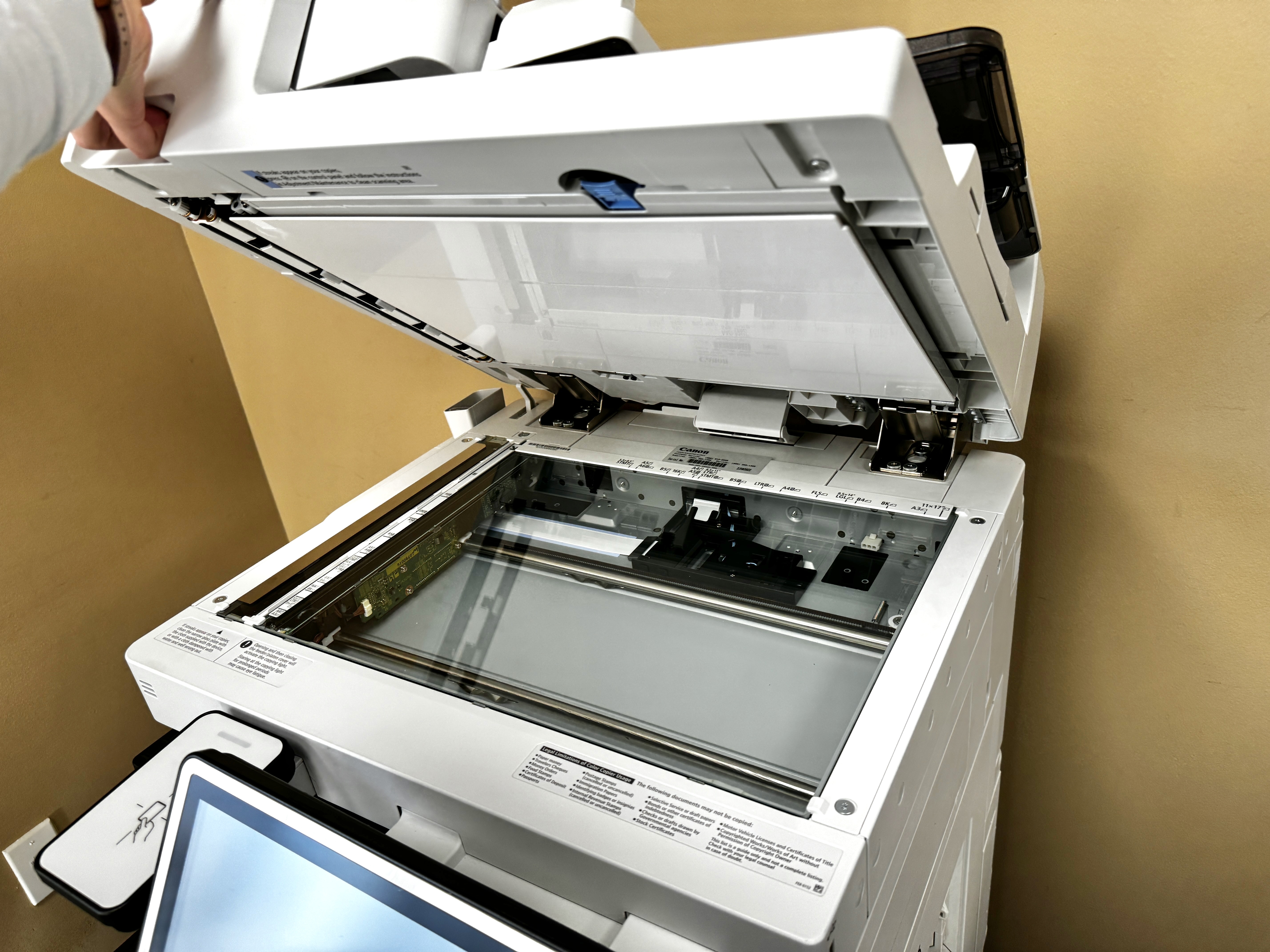 partially opened adf on a color canon copier printer