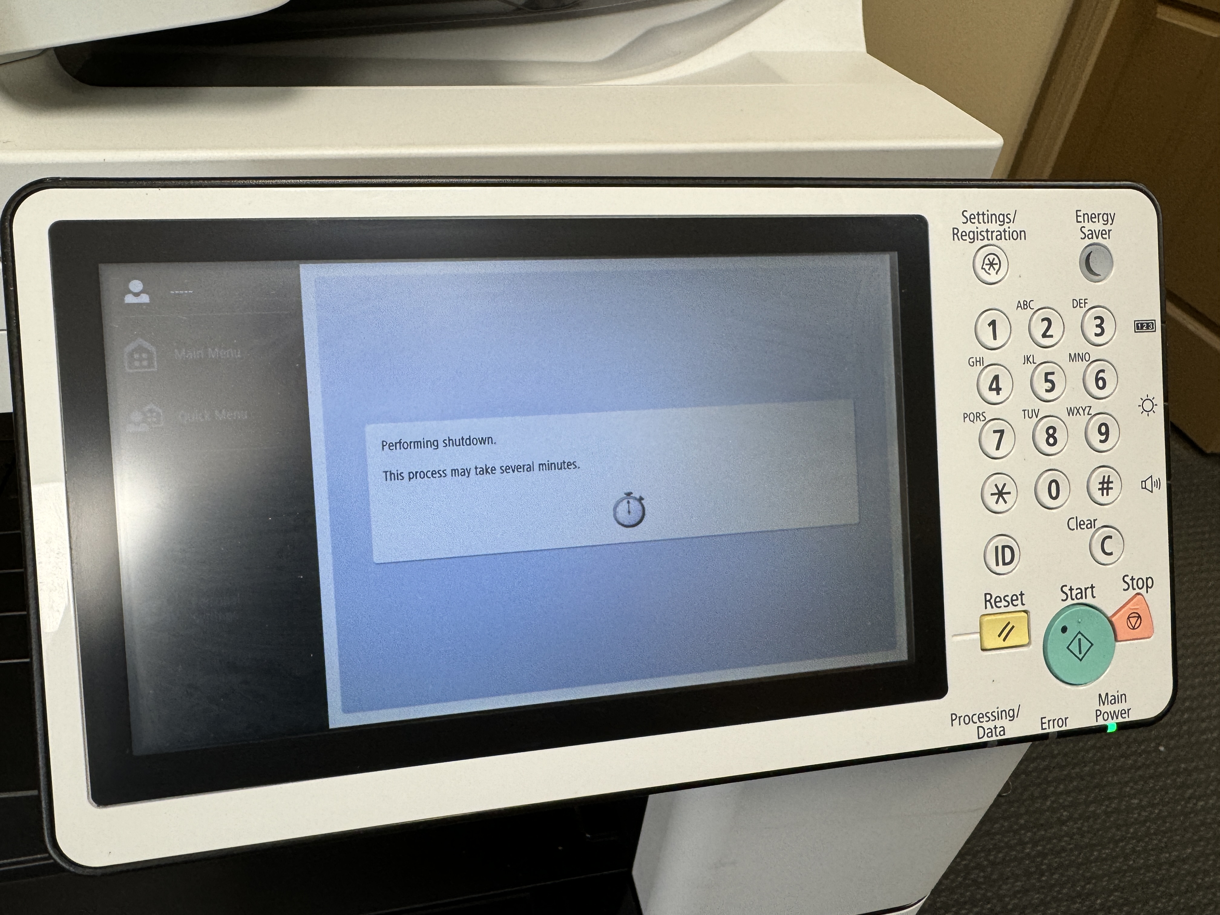 Control panel for a Canon Imageruner Advance 4551ii commercial printer rental. 
