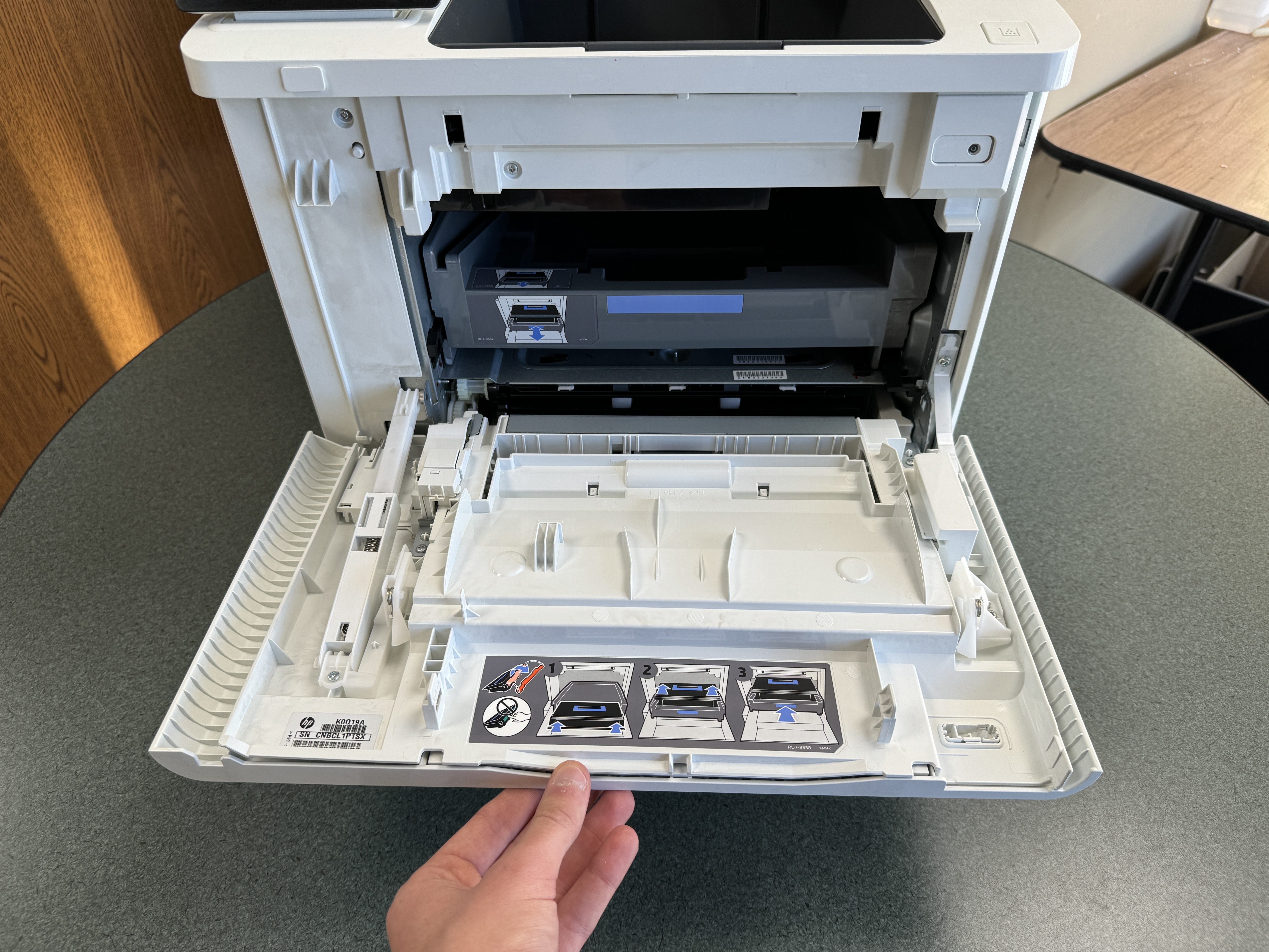 HP laser printer repair of a M608 toner drawer. 