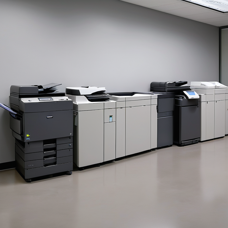 A row of well-maintained used office printers in a bright, modern office setting.