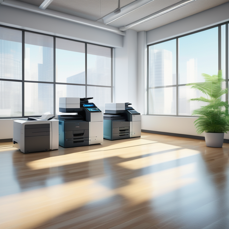 A refurbished office printer in a sunny, modern office, symbolizing smart, eco-friendly investment.