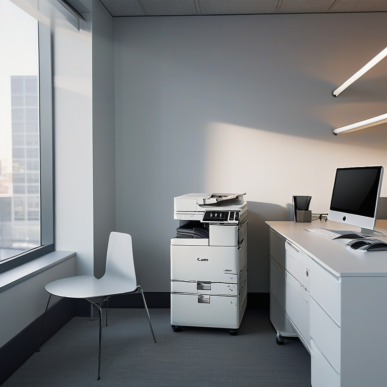 A Canon copy machine with papers in an organized office space highlighting a leasing contract.