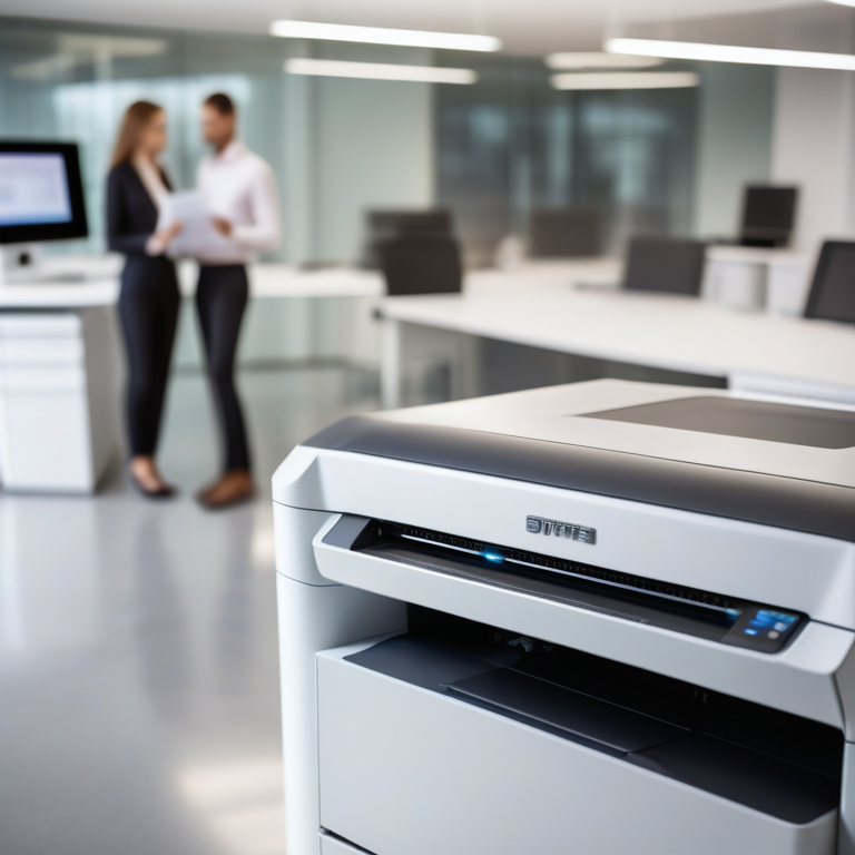 Futuristic commercial printer in an office with people discussing a lease in the background.