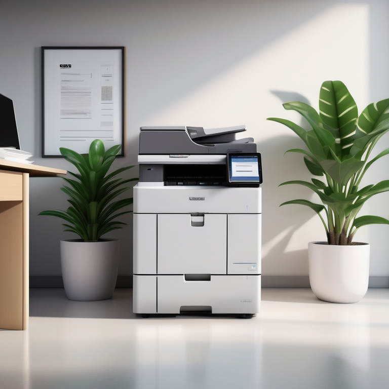 A contemporary office copier printer surrounded by documents and a plant in a bright setting.