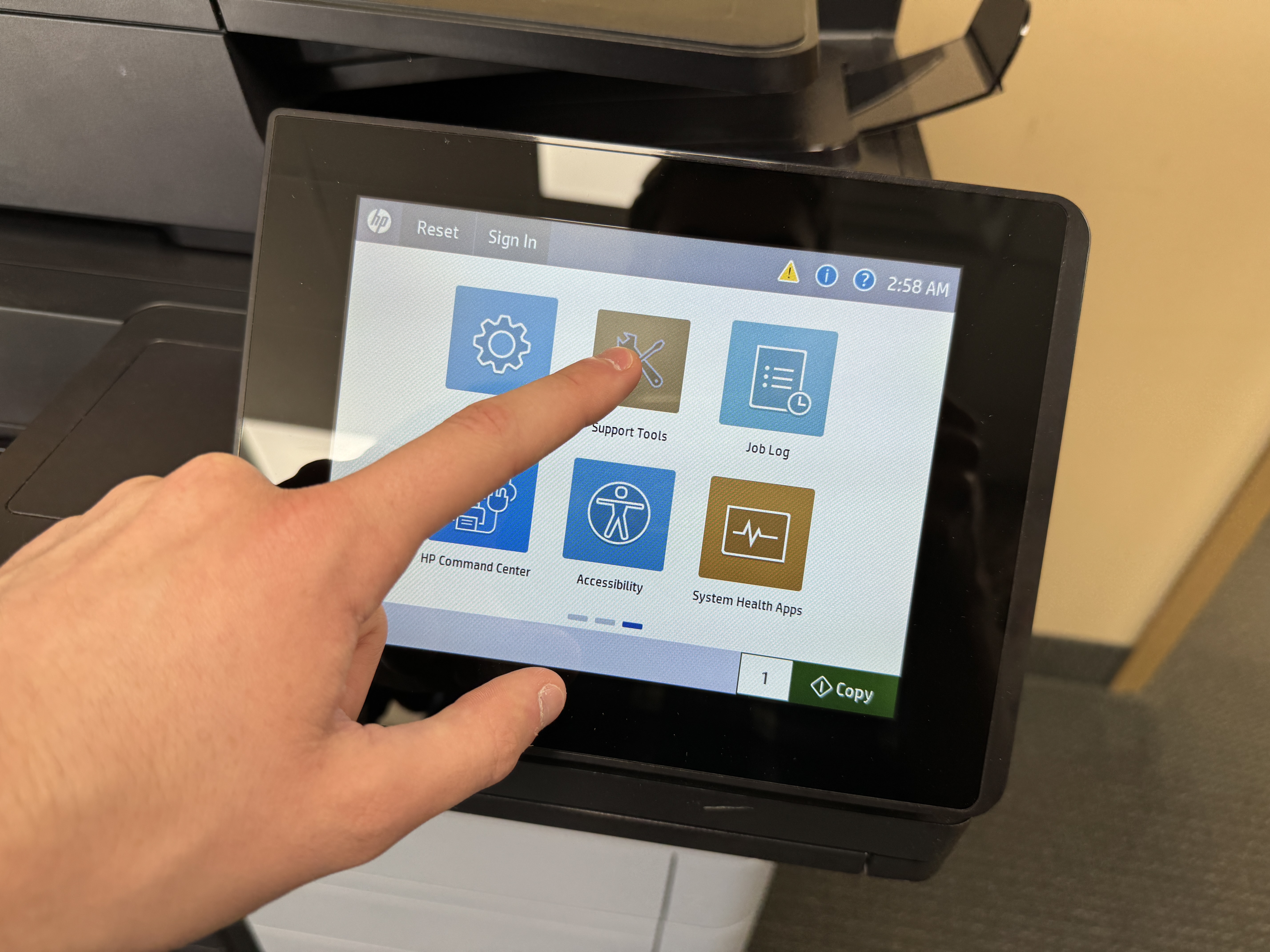 Last menu of home screen on HP copier