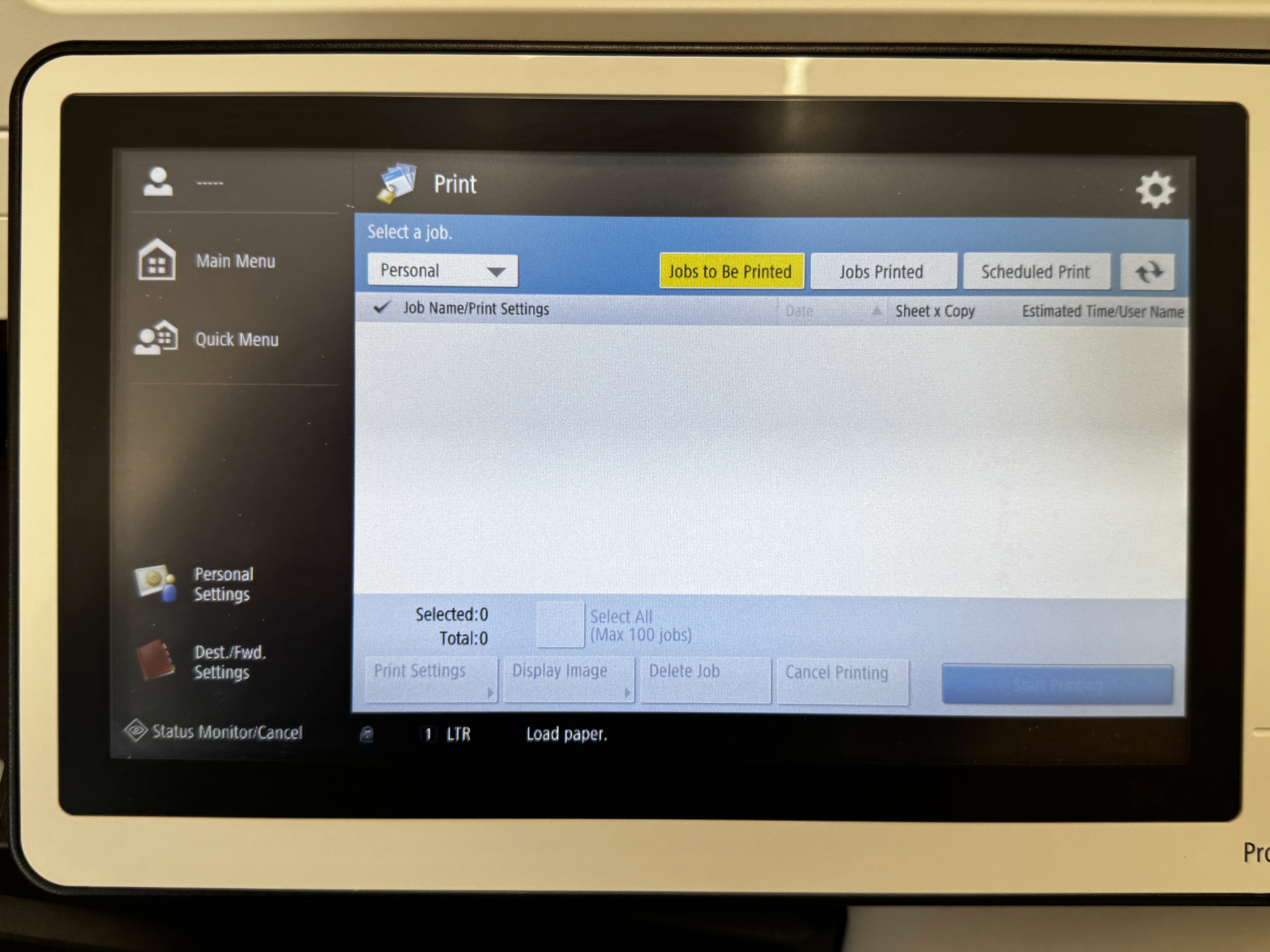 Control panel for a Canon imagerunner 4551i.