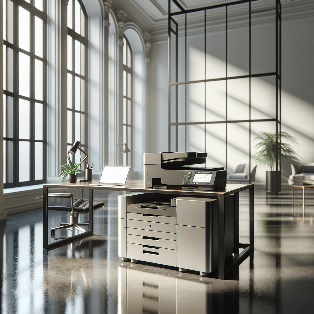 A modern office with a large printer on a desk, a laptop, and a plant in a well-lit space.
