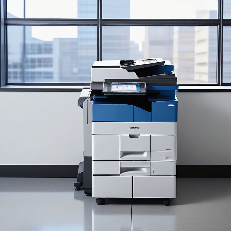 Modern copier printer in a bright office setting with papers, emphasizing a professional and productive environment.