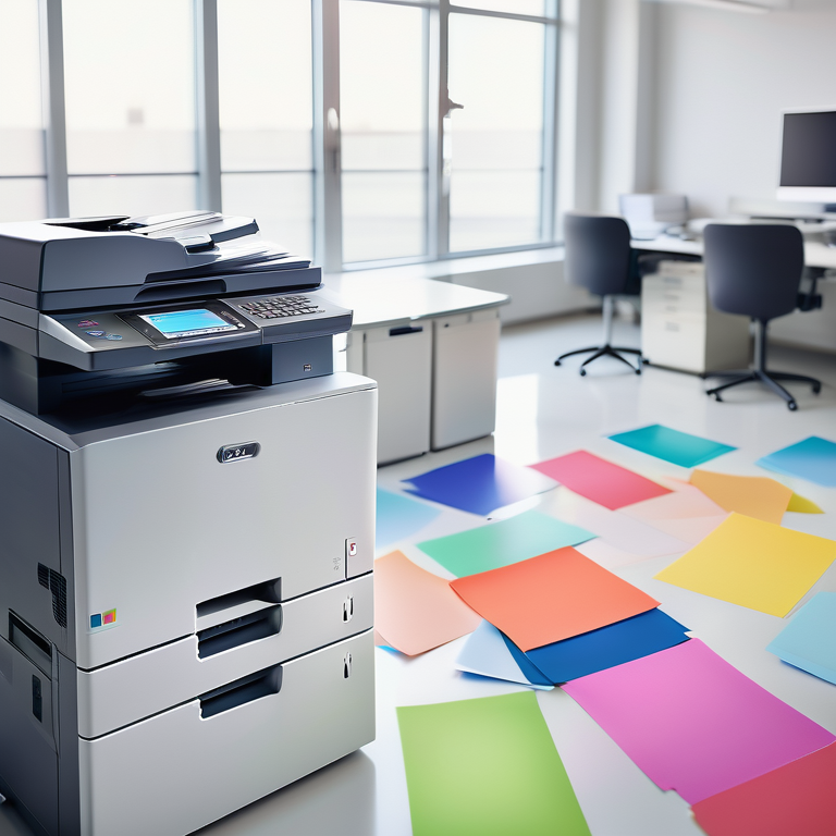 A color copier machine surrounded by paper samples in a well-lit office, emphasizing professional quality.