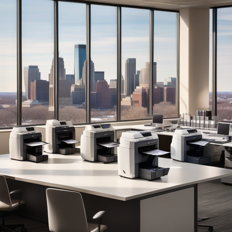 Variety of Canon printers in a bright office with Minneapolis skyline in the background.