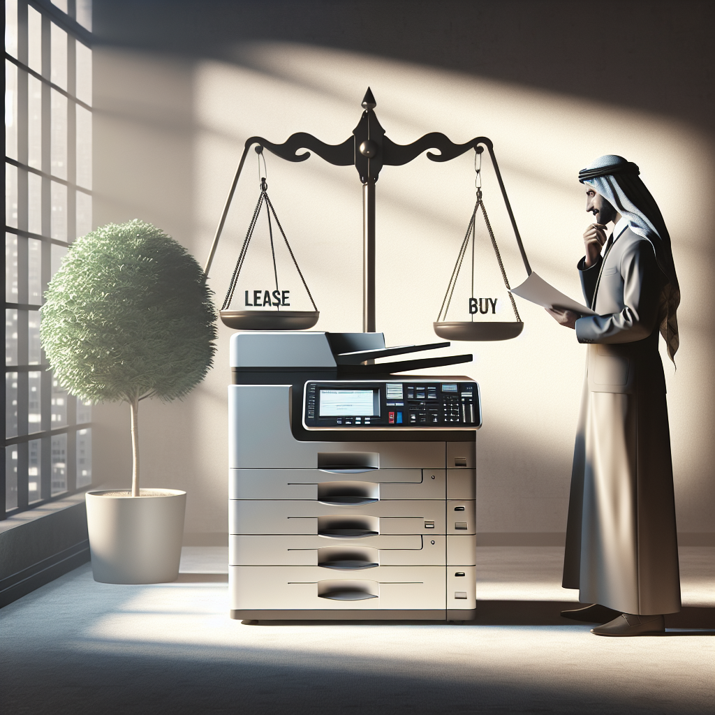 Person in an office contemplating between leasing or buying a copier, with a decision scale above.