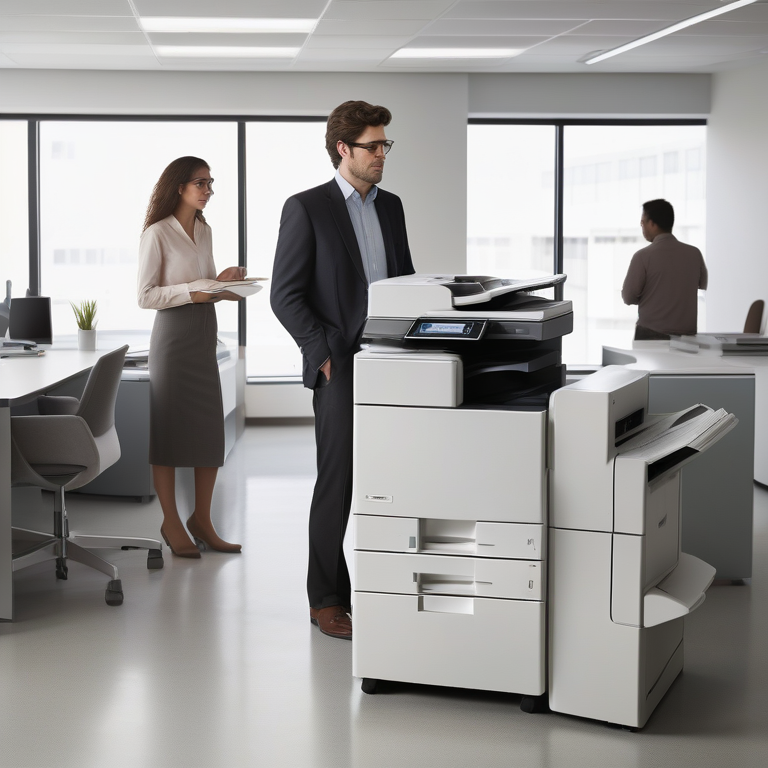 A new photocopier in a busy office environment with workers in the background.