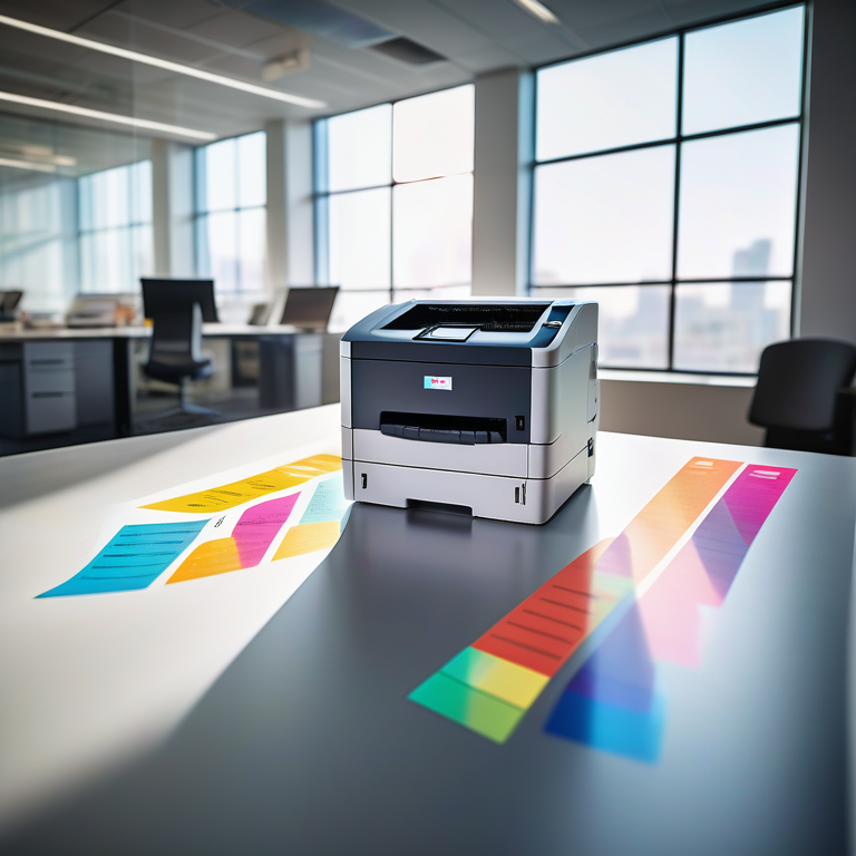 Color laser printer with floating contract papers in a bright corporate office setting.