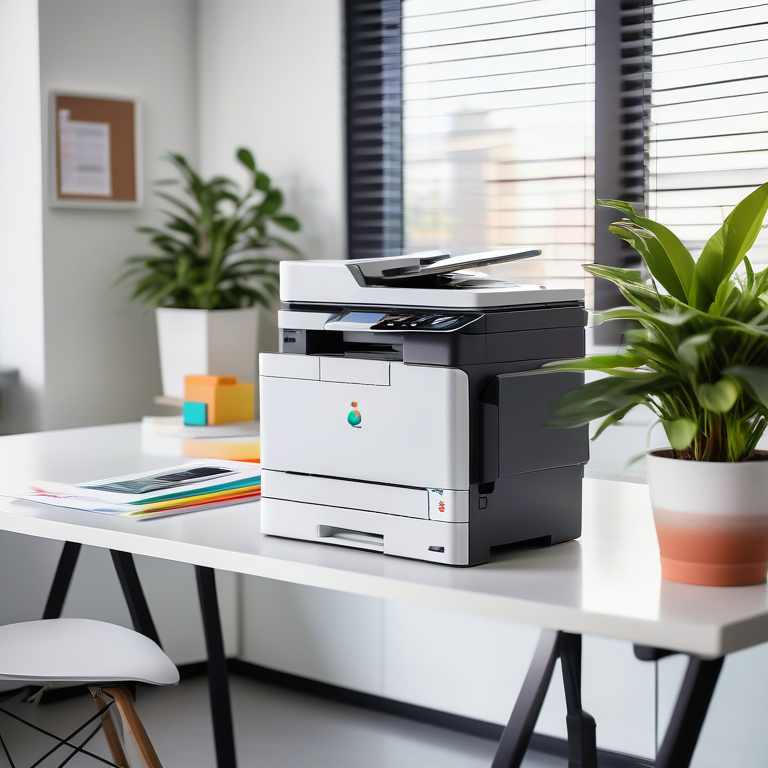 Modern color MFP printer in an office, ejecting papers with colorful graphs.