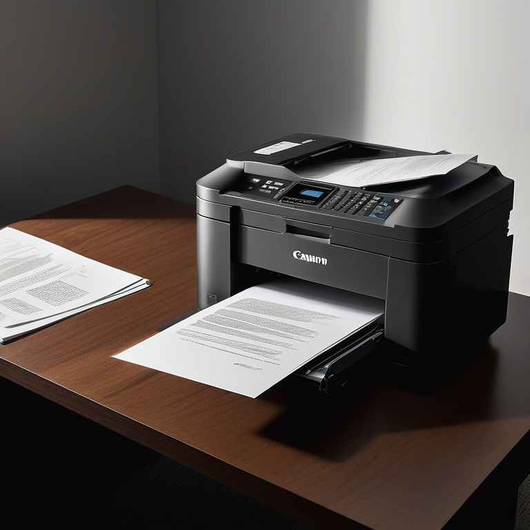 Canon black and white copier on an oak desk with paper stacks, creating a professional setting.