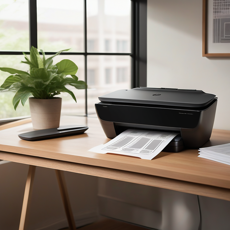 HP all-in-one printer and scanner on an oak desk with paper stacks, a coffee mug, and an indoor plant.
