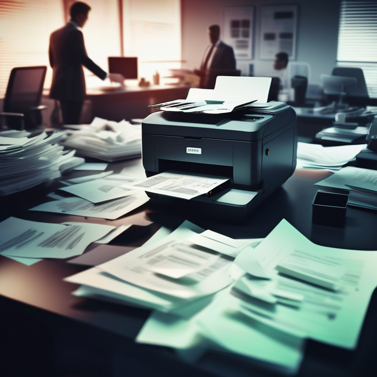 Modern printer amidst a busy office setting with softly blurred moving professionals.