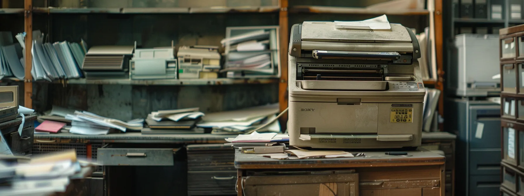 a dusty, outdated copier sits abandoned in a cluttered office, representing the potential disadvantage of technology becoming obsolete.