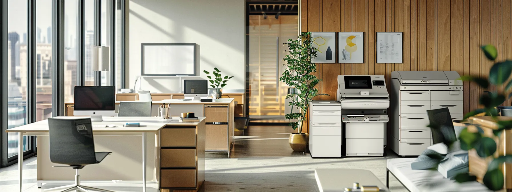a modern office setting with a sleek copier machine, highlighting the decision-making process between leasing and buying for business efficiency.