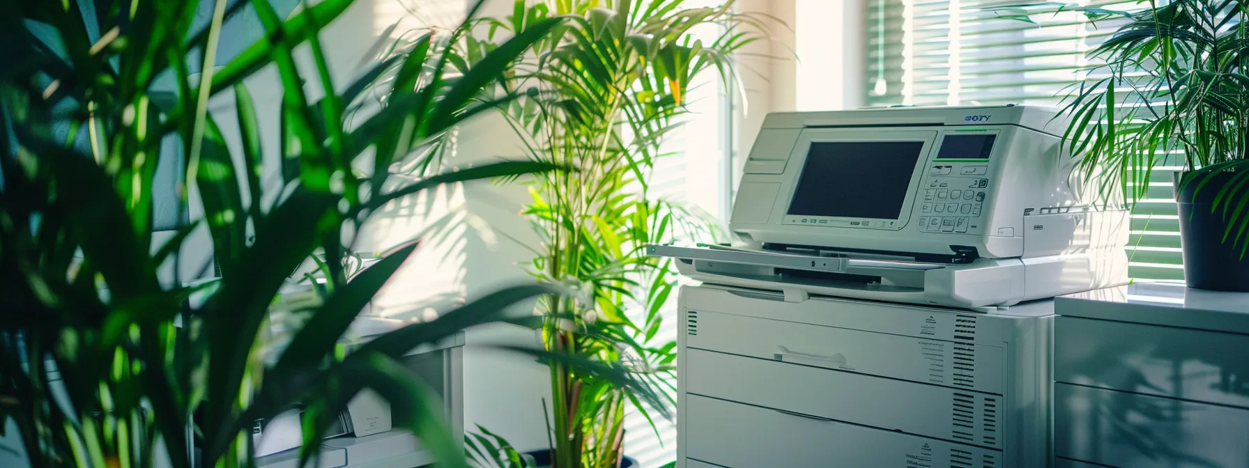 a modern, sleek copier machine in a well-lit office space, surrounded by vibrant green plants and a bustling work environment, illustrating the benefits of leasing a copier for a small business.