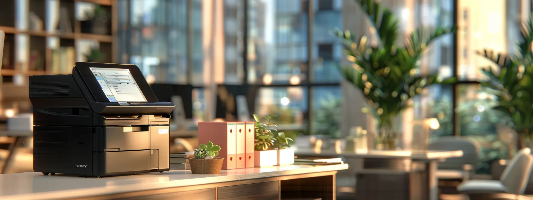 a modern, sleek copier with multiple advanced features, positioned in a well-lit office space with a clear view of a bustling small business environment.