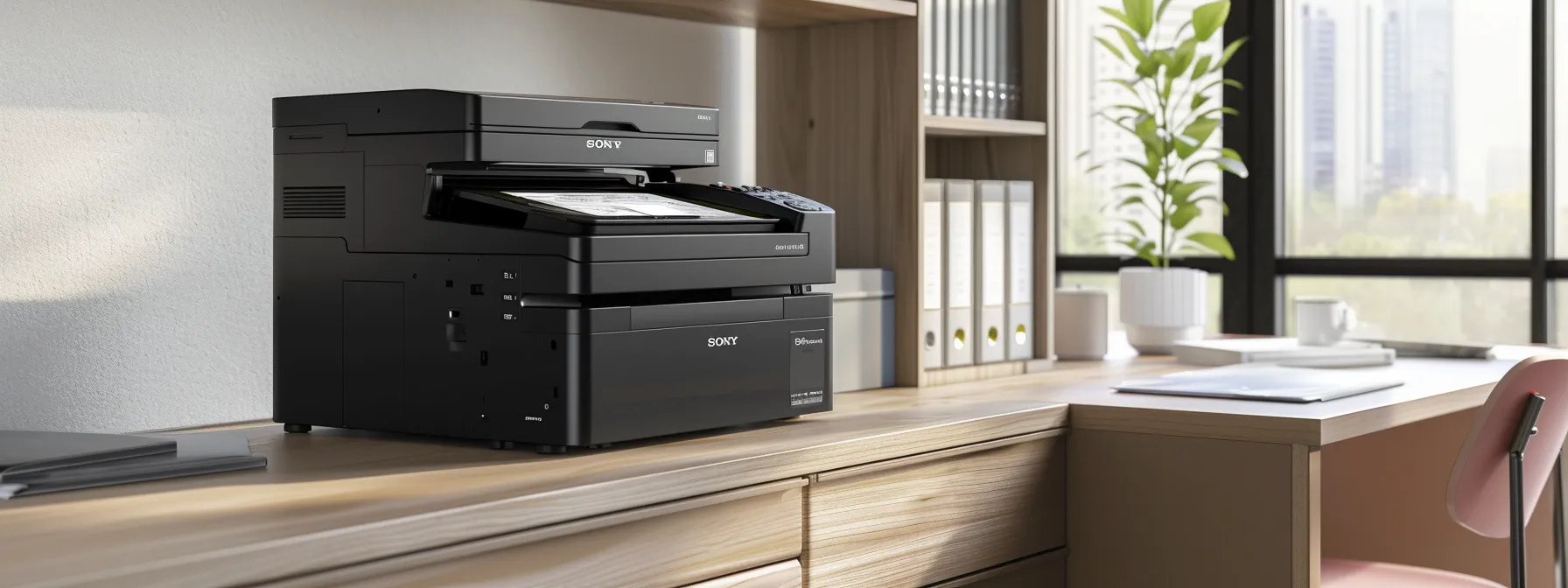 a sleek and compact copier with intuitive touchscreen controls sits on a clutter-free desk in a modern office setting.