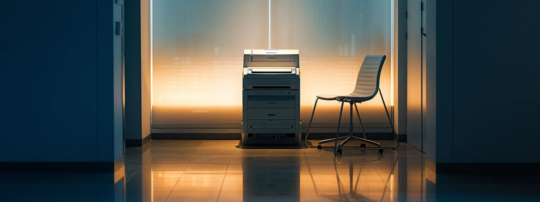 a sleek, modern copier machine sitting proudly in a well-lit office space, symbolizing full ownership and control for business needs.