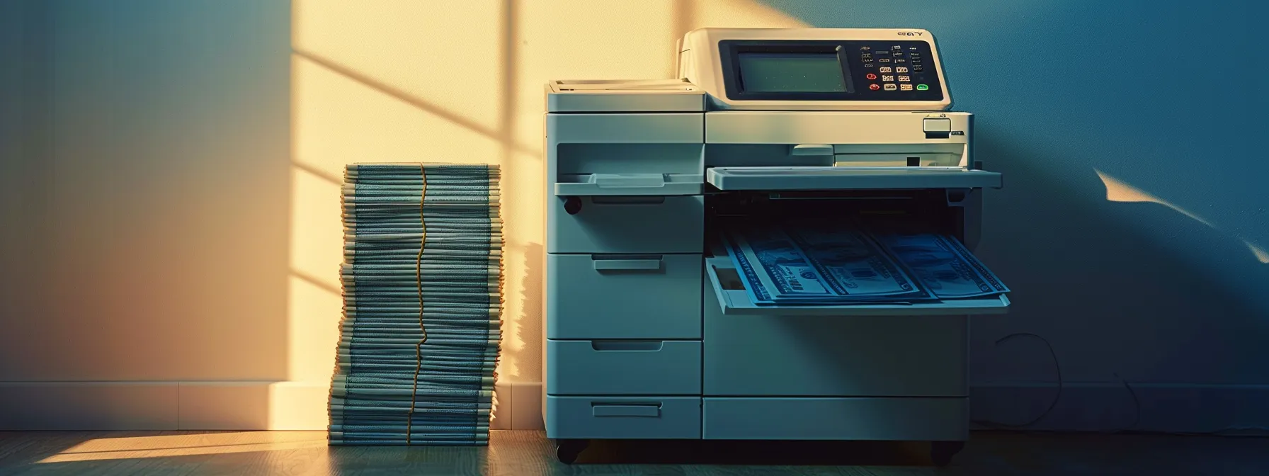 a sleek, modern copier machine standing next to a stack of dollar bills, representing the choice between leasing and buying for your business.