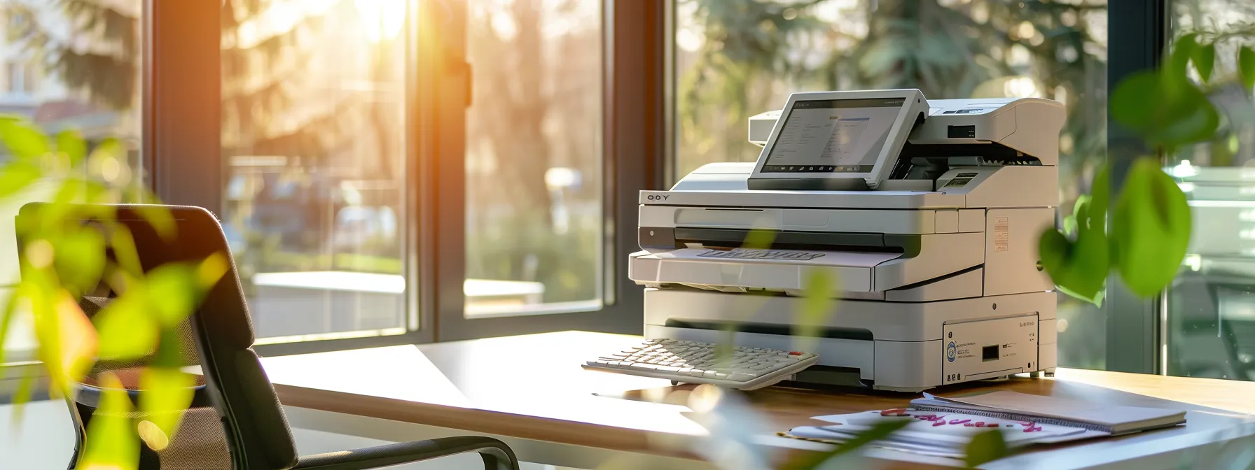 a sleek, modern copier with a user-friendly interface sits on a clutter-free desk in a sunlit office, ready to boost small business productivity.