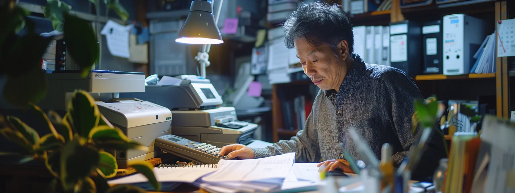 a small business owner carefully comparing purchase and leasing options for copiers, surrounded by financial documents and calculators.