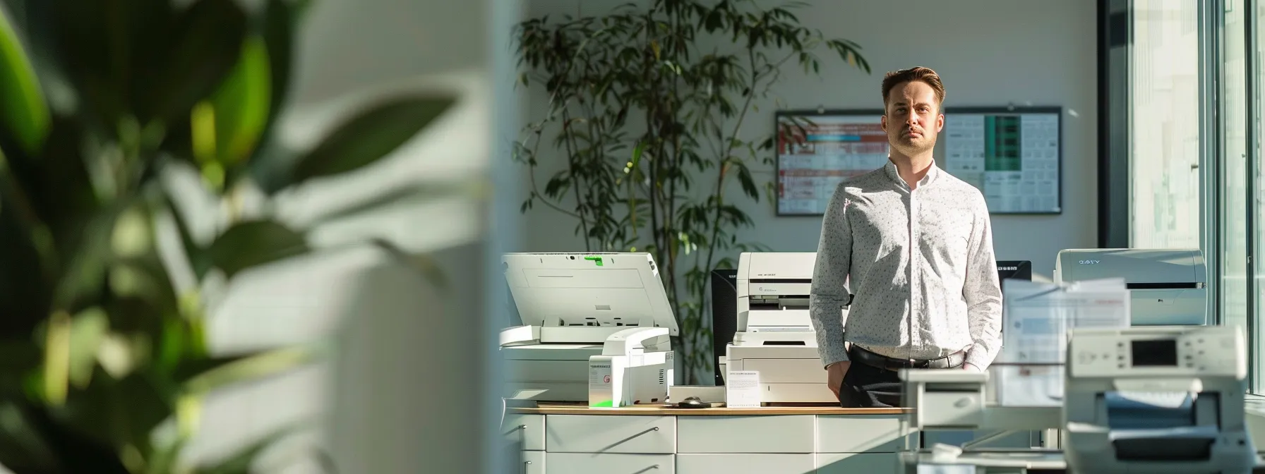 a small business owner standing in a brightly lit office, comparing different copier models displayed on a table with detailed specifications and customer reviews.