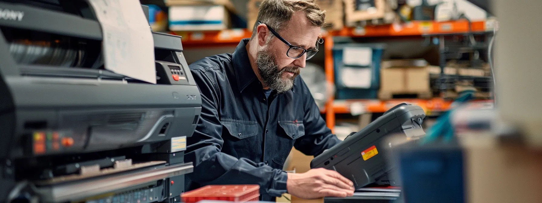 a technician carefully inspecting a modern small business copier, surrounded by tools and equipment, ensuring optimal performance and longevity.