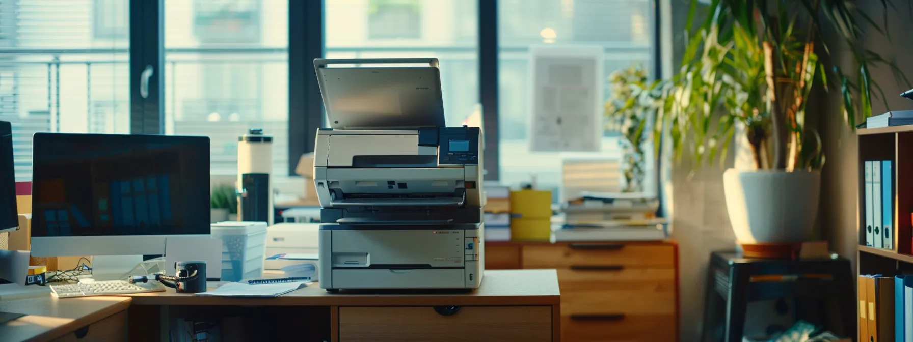 a well-maintained copier brand in a small business office, expertly used by staff to enhance productivity and minimize errors, with manufacturer support resources visible in the background.