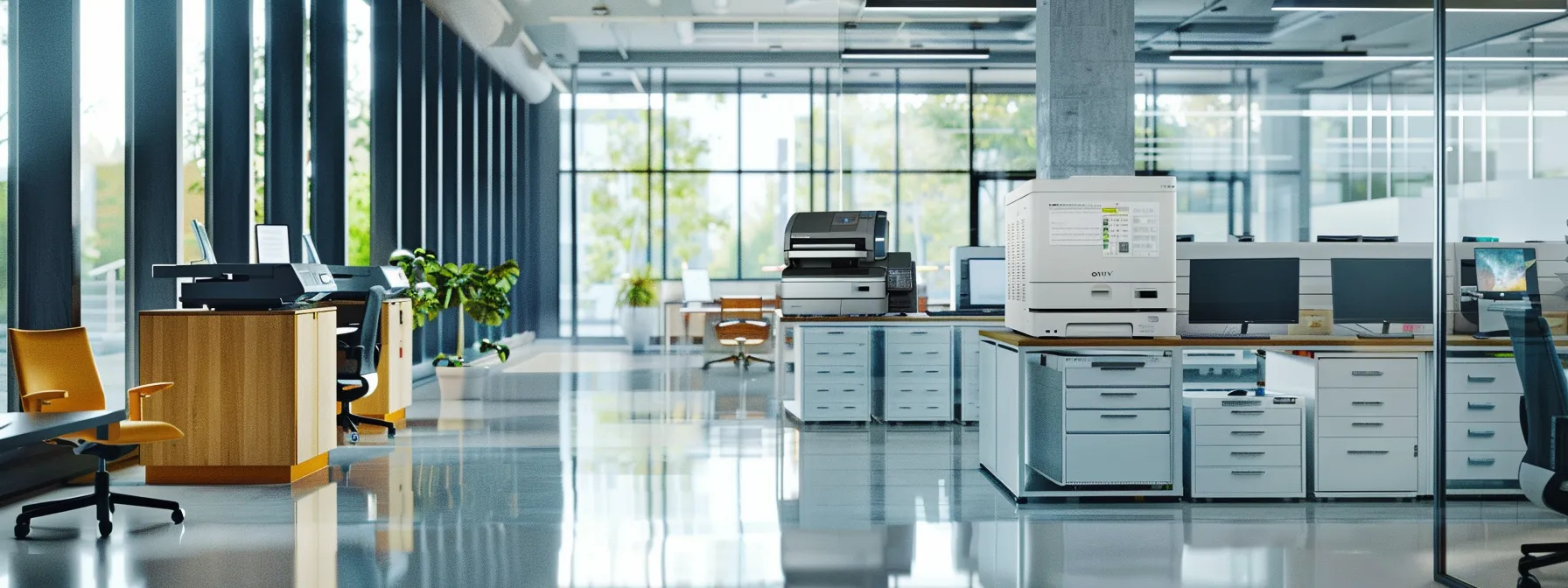 amid a sleek modern office setting, a lineup of top copier brands - each exuding innovation, reliability, affordability, cutting-edge technology, and user-friendly designs - stand ready to assist small businesses in enhancing their operations in 2024.