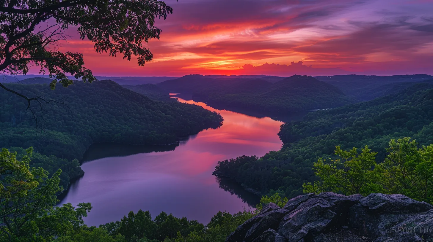 a breathtaking sunset illuminates the horizon with fiery orange and deep purple hues, casting a tranquil glow over a serene, reflective lake surrounded by lush, green mountains.