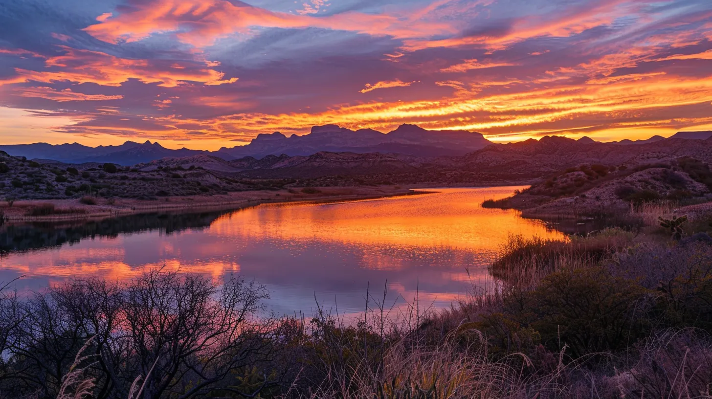 a breathtaking sunset paints the sky in vibrant hues of orange and purple, reflecting softly on a tranquil lake surrounded by silhouetted mountains.