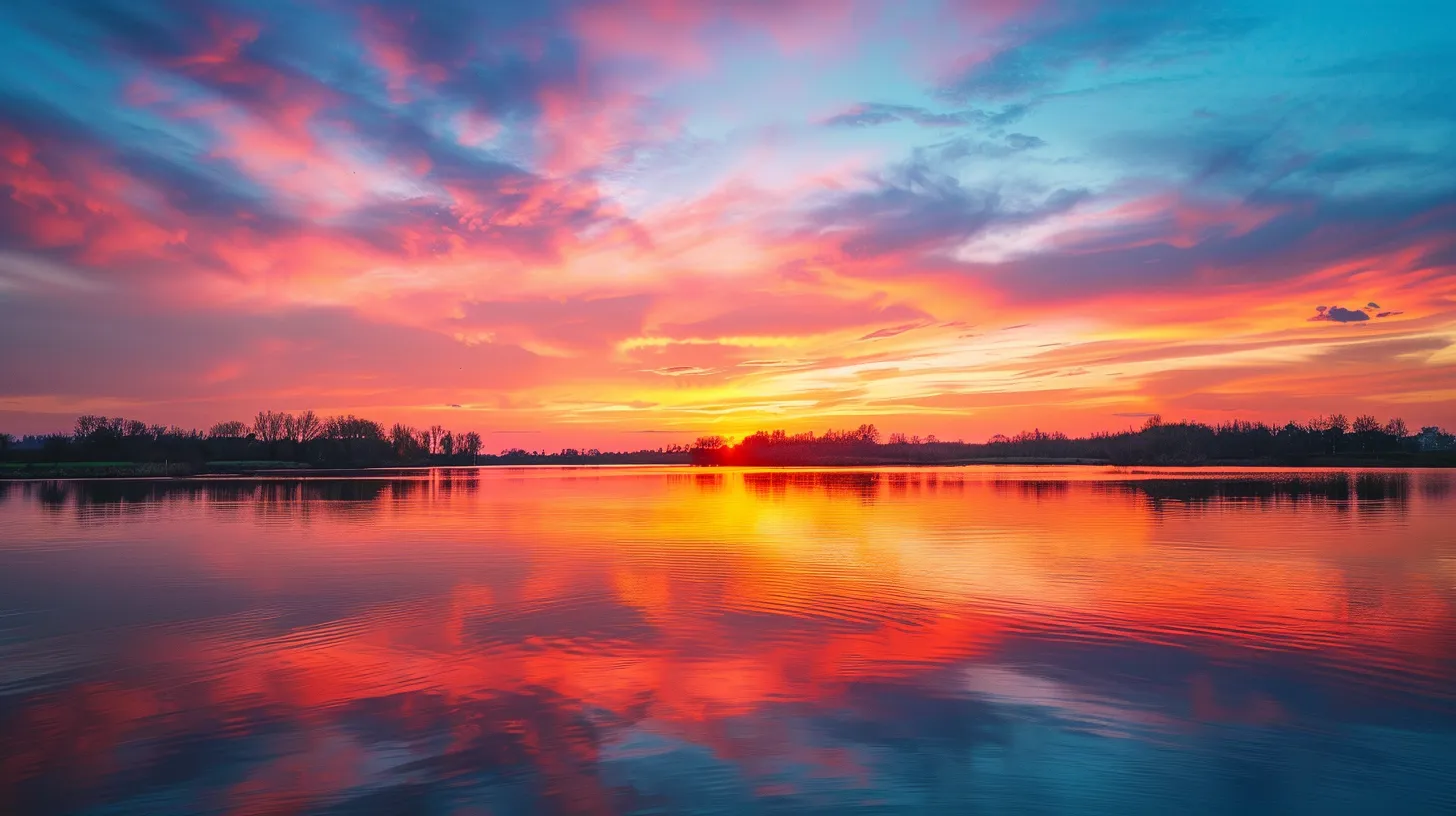 a breathtaking sunset paints the sky in vivid hues of orange and pink over a tranquil lake, reflecting the vibrant colors onto the water’s surface.