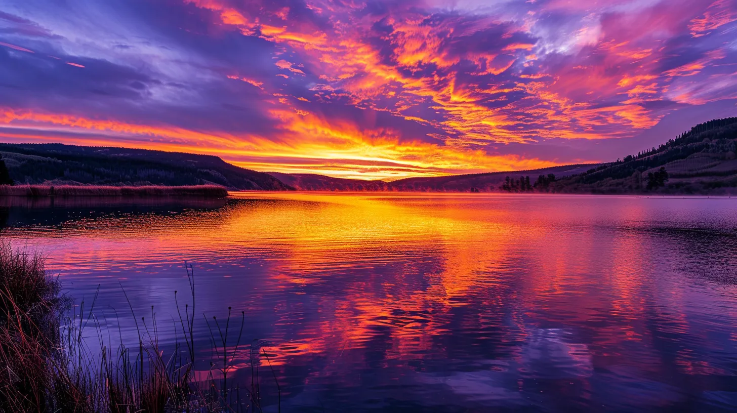 a majestic sunset casts vibrant hues of orange and purple over a tranquil lake, with silken water reflecting the fiery sky, creating a serene and captivating atmosphere.