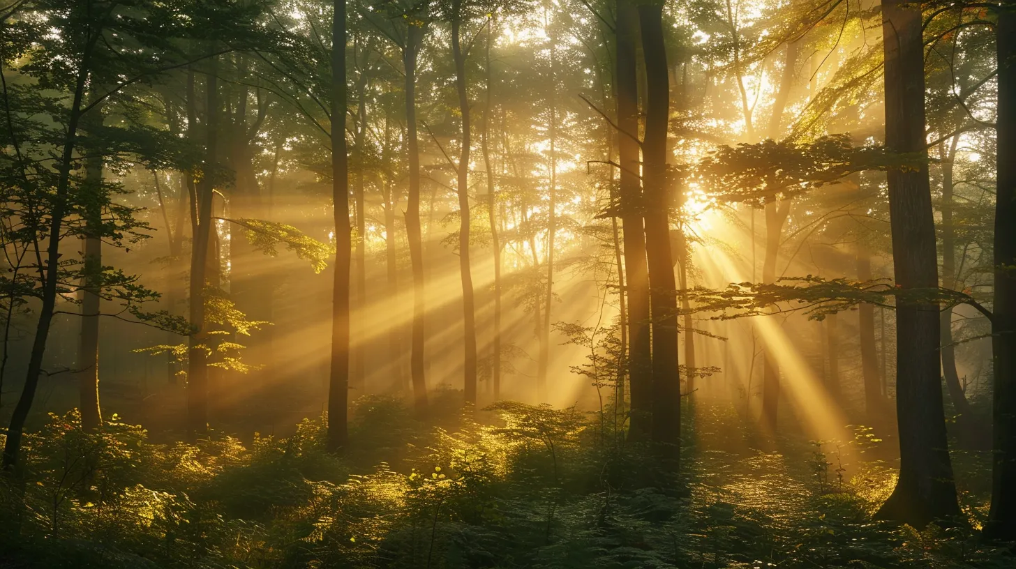 a serene sunrise illuminates a misty forest, casting gentle golden rays through towering trees and creating a tranquil atmosphere filled with soft shadows and vibrant greens.