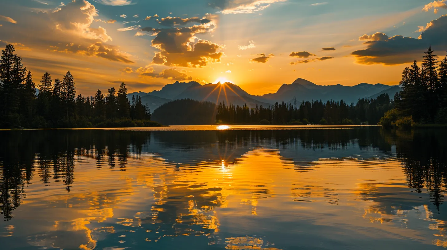 a vibrant sunset casts a golden hue over a serene lake, reflecting the silhouette of towering mountains and lush trees, creating a breathtaking harmony of nature.