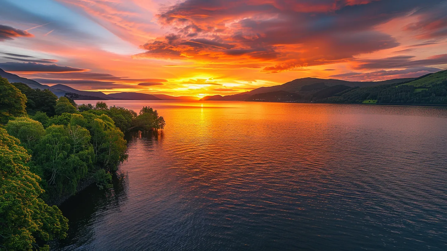 a vibrant sunset casts a golden glow over a tranquil lake, reflecting the fiery sky and silhouetting the surrounding lush, green trees for a serene yet captivating atmosphere.